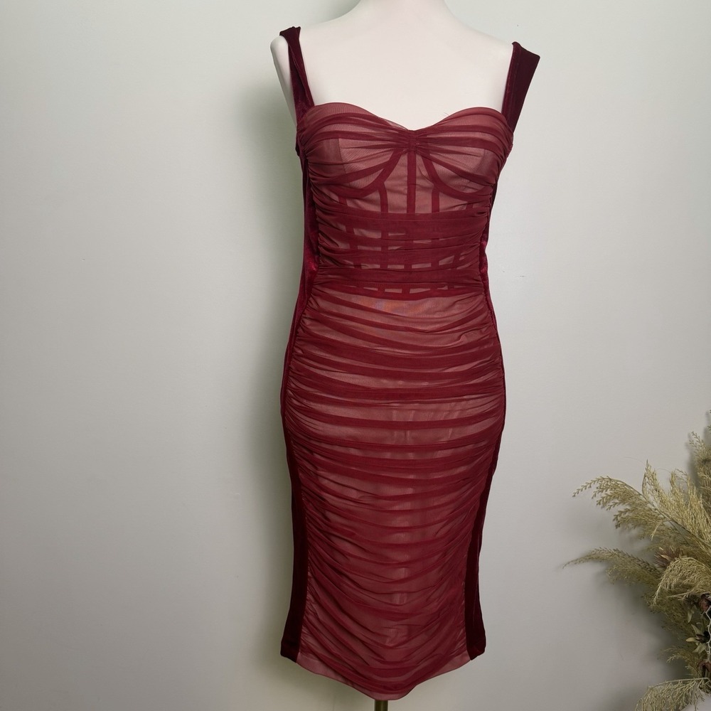 Red Velvet Ruched Mesh Corset Bodycon Dress Womens Medium Sweetheart Midi